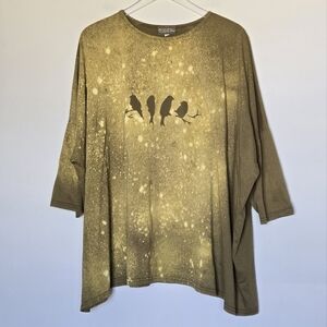 Vintage Iridium Women’s Olive Green Lagenlook Boho Bird Print Tunic Shirt Size M